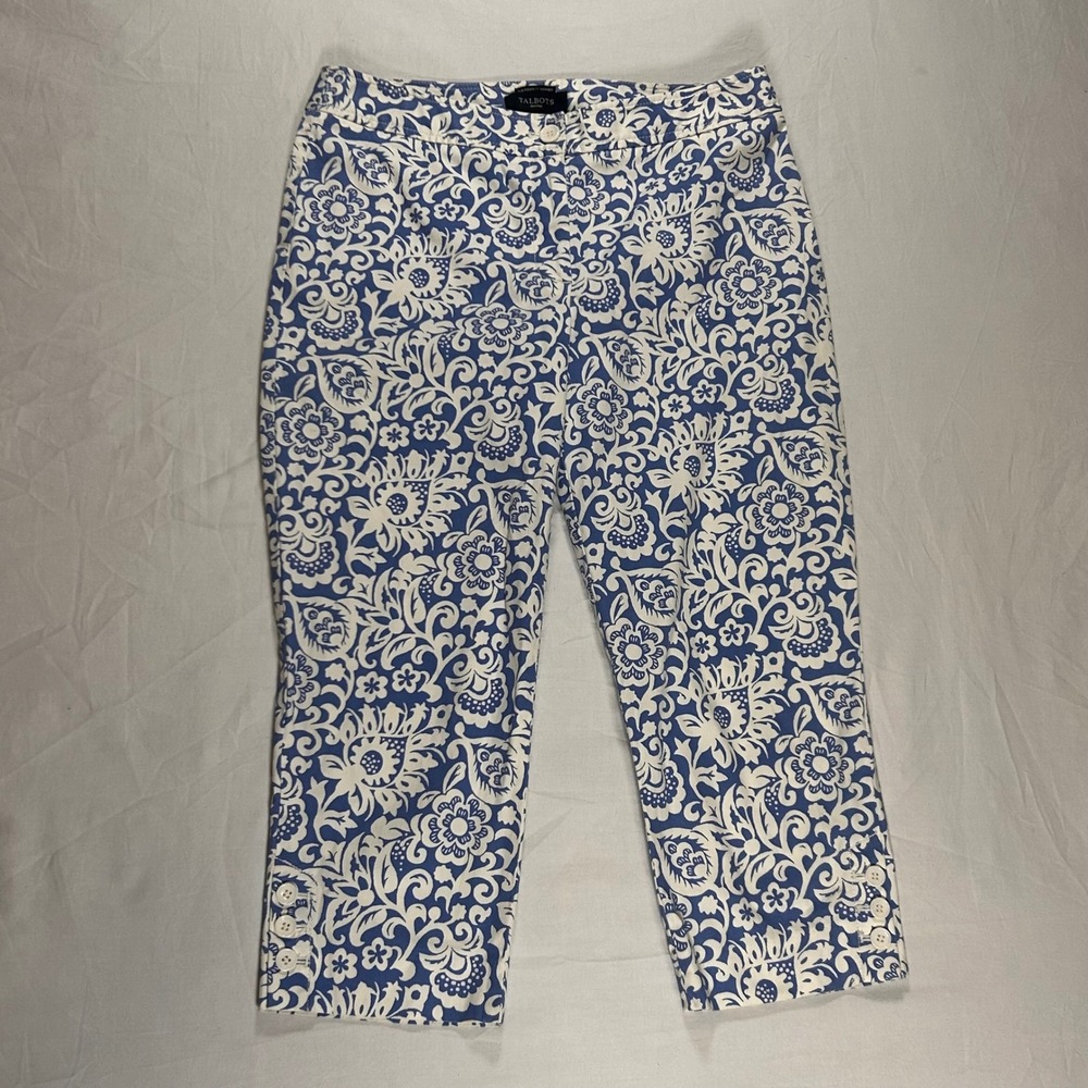 Talbots The Perfect Skimmer Pants 8P Blue White Floral‎ Scroll Cropped Capris 8